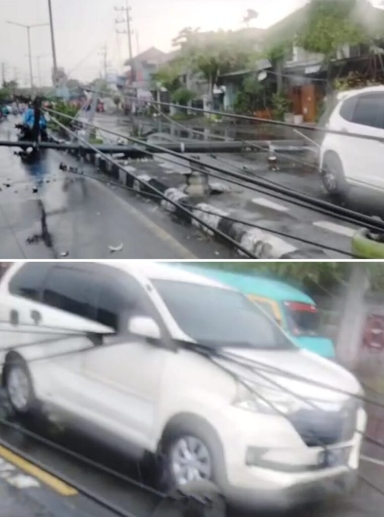 Hujan Lebat Disertai Angin Kencang, Tiang Listrik Roboh Timpa Kendaraan di Jalan Sepanjang