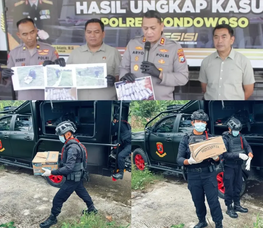 Polres Bondowoso Libatkan Gegana Brimob Polda Jatim Musnahkan 25 Kg Bubuk Mercon